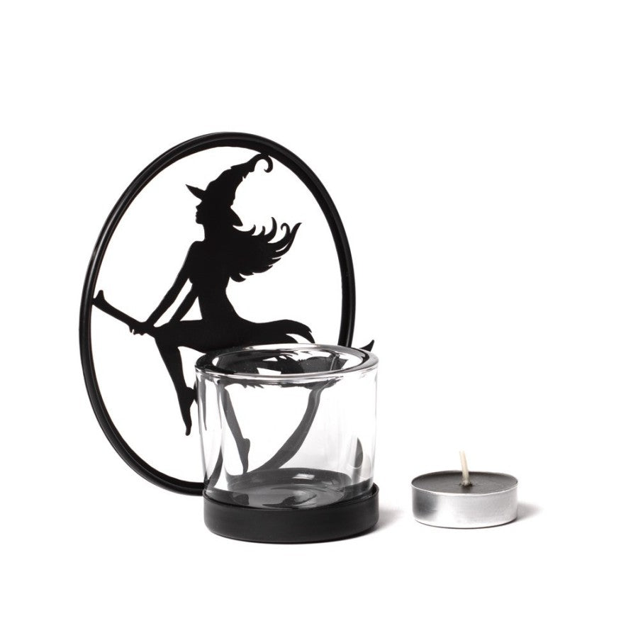 Eindrucksvoller Teelichthalter WITCH BY MOONLIGHT Tealight Holder aus schwarz beschichtetem Eisen und gehärtetem Glas von Alchemy