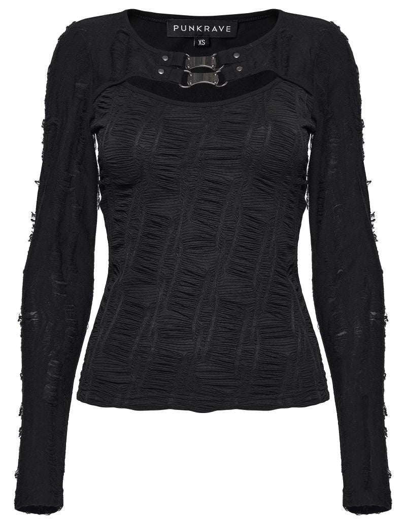 Schwarzes, strukturiertes Langarmshirt Hexweave Top mit Cut-out-Ausschnitt und Used-Look-Ärmeln von Punk Rave