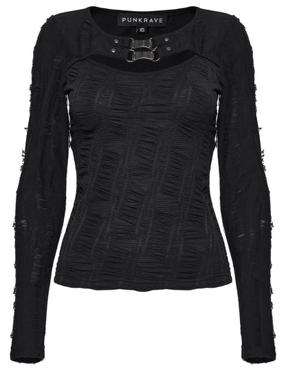 Schwarzes, strukturiertes Langarmshirt Hexweave Top mit Cut-out-Ausschnitt und Used-Look-Ärmeln von Punk Rave