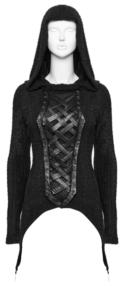 Schwarzes Gothic-Langarmshirt mit Kapuze und Webdetails Dark Weaver Hooded Top von Punk Rave