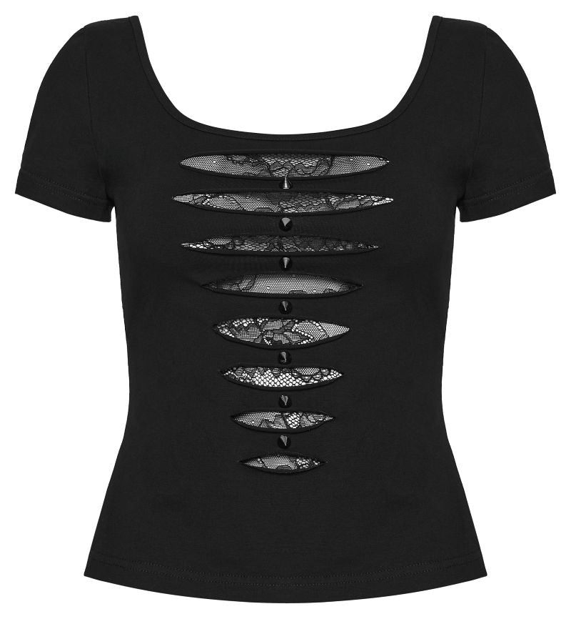 Schwarzes tailliertes Gothic-Oberteil Arnika T-Shirt mit Kurzarm und Used-Optik-Details von Punk Rave