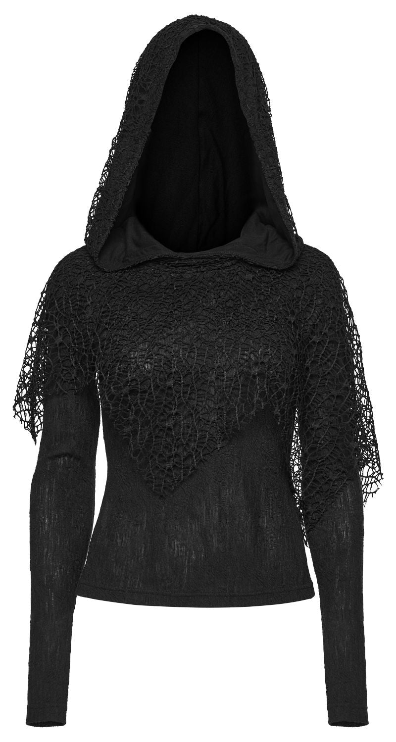 Schwarzes, langärmliges Oberteil Morbid Mesh Hooded Top mit Netzdetail und Kapuze von Punk Rave