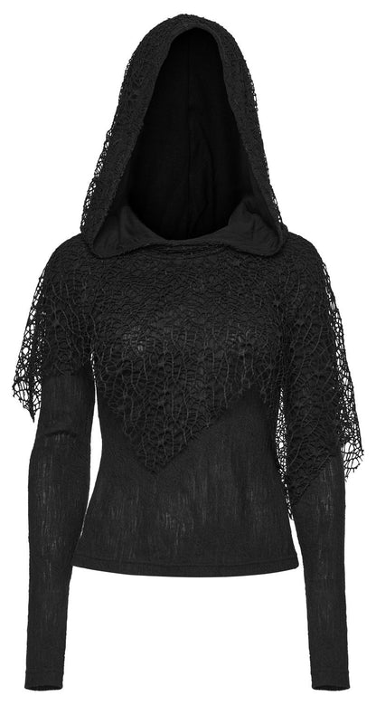 Schwarzes, langärmliges Oberteil Morbid Mesh Hooded Top mit Netzdetail und Kapuze von Punk Rave