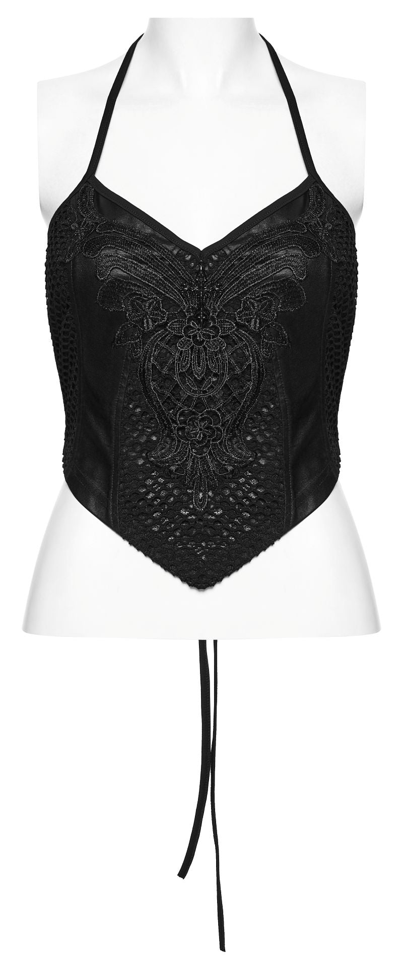 Schwarzes tailliertes Gothic-Oberteil Royal Elegy Halterneck Top aus Spitze von Punk Rave