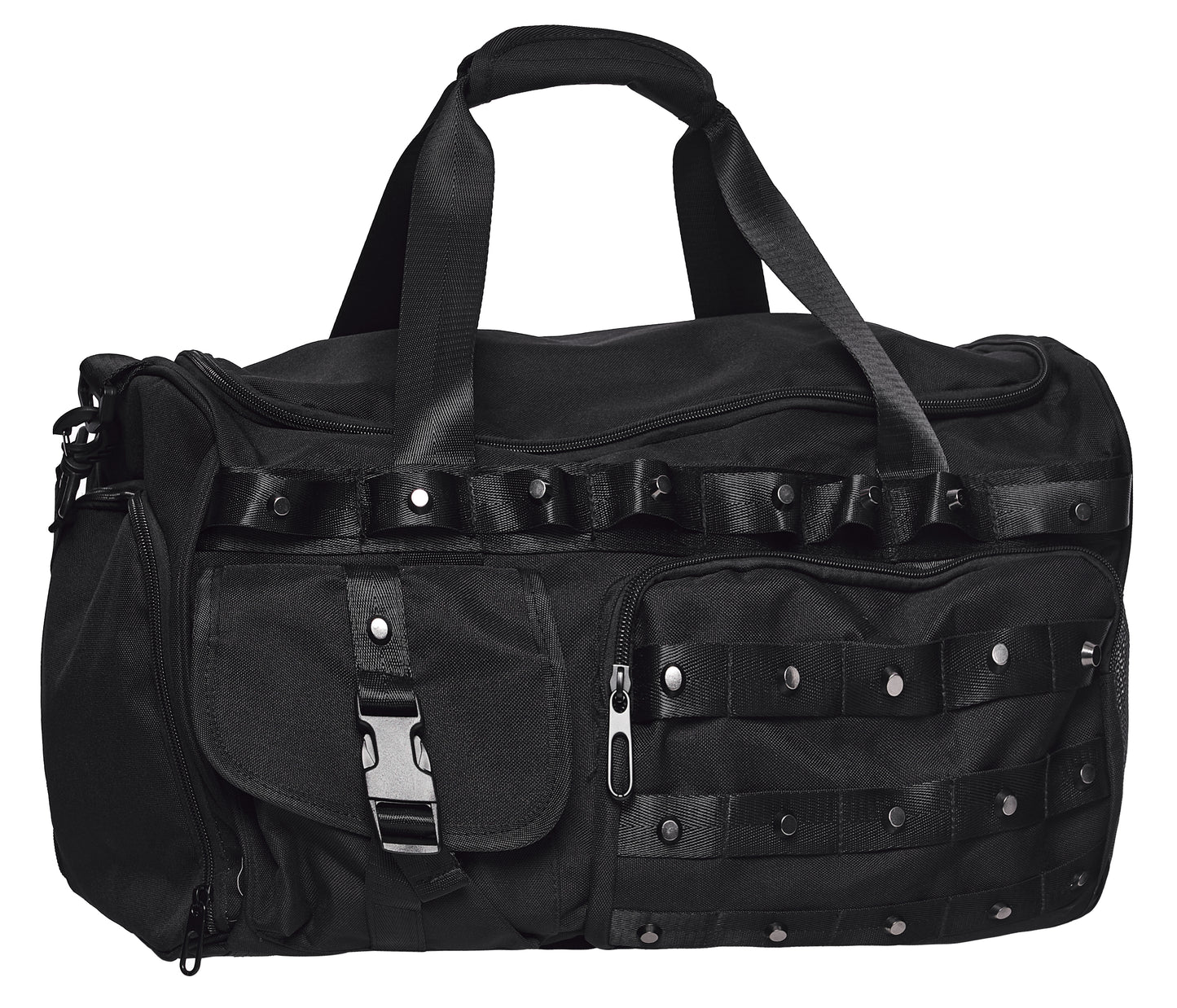 Schwarze, große Tasche TECHWEAR TROOPER TRANSFORMER BAG im Cyberpunk-Style mit vielen Details von Punk Rave