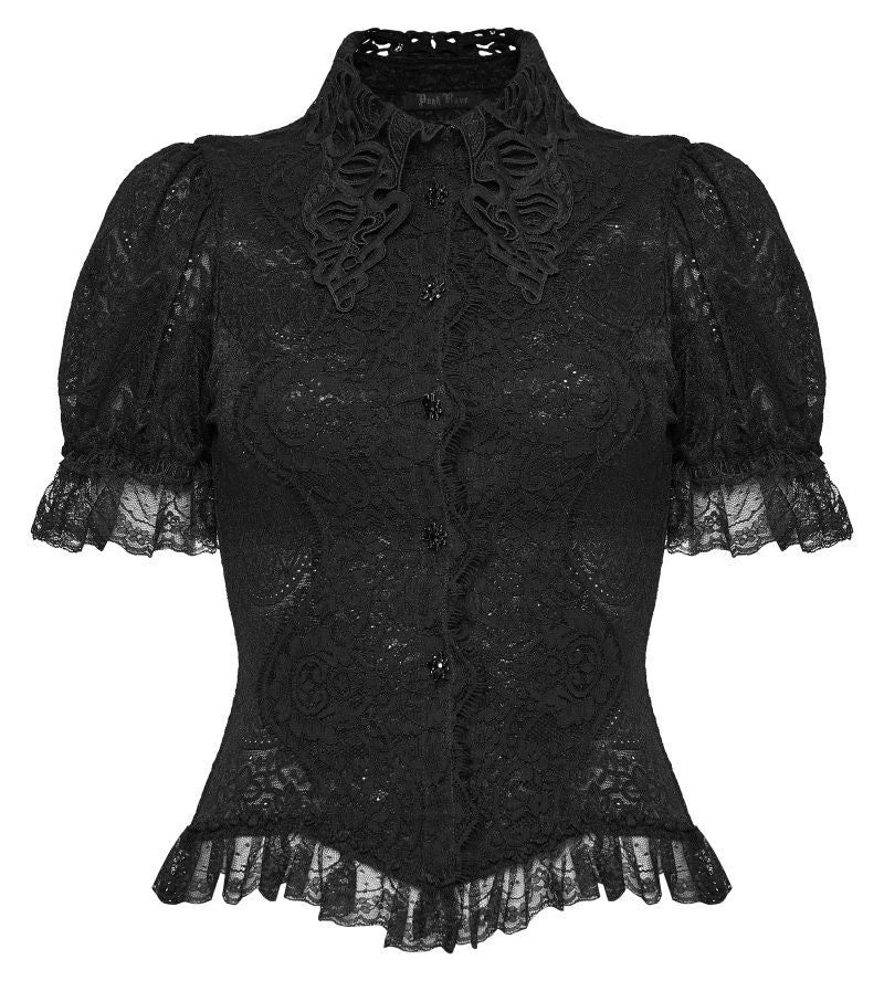 Schwarzes Gothic-Romantik-Spitzenoberteil Dark Ophelia Short Sleeve Laced Shirt mit kurzen Ärmeln und Kragen mit Spitzenapplikation von Punk Rave