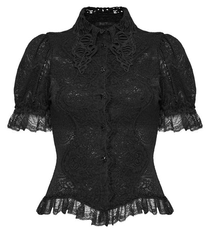 Schwarzes Gothic-Romantik-Spitzenoberteil Dark Ophelia Short Sleeve Laced Shirt mit kurzen Ärmeln und Kragen mit Spitzenapplikation von Punk Rave