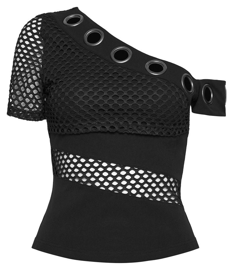 Schwarzes, figurbetontes Punk-Oberteil Nexus Asymmetric Off-Shoulder Top im One-Shoulder-Stil mit Mesh-Einsätzen und großen Ösen-Details von Punk Rave