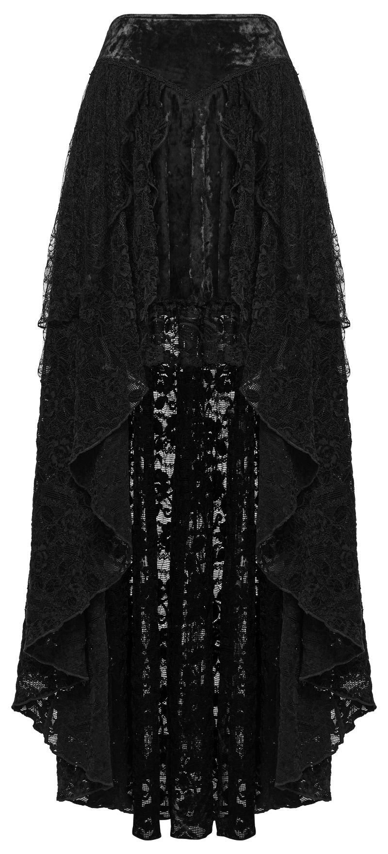 Romantischer, gotischer, schwarzer Spitzen-Lagenrock Midnight Reverie Skirt mit asymmetrischem Saum von Punk Rave