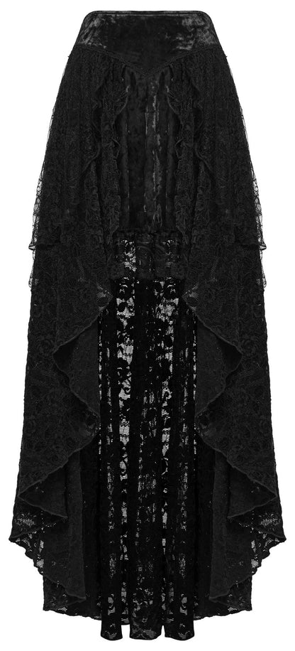 Romantischer, gotischer, schwarzer Spitzen-Lagenrock Midnight Reverie Skirt mit asymmetrischem Saum von Punk Rave