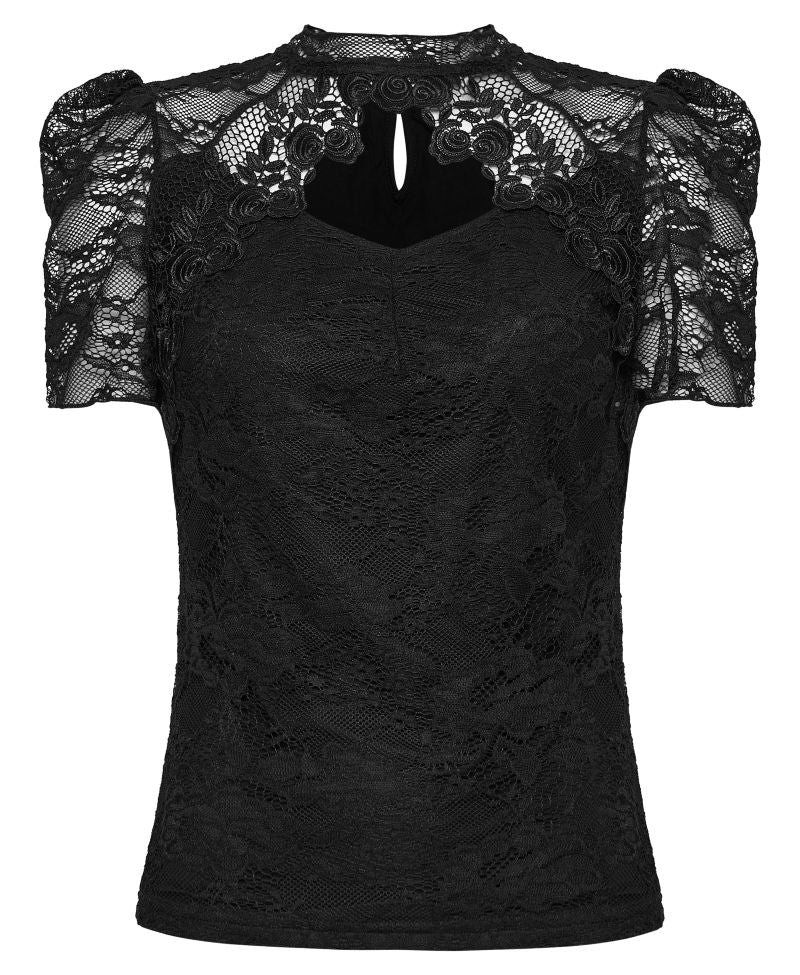 Schwarzes Gothic-Romantic-Shirt Lilith's Allure Lace Top aus Spitze mit kurzen Ärmeln und Cut-out-Ausschnitt von Punk Rave
