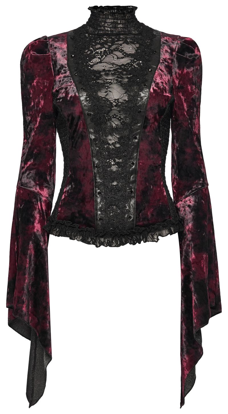 Schwarze/Rotes Langarmshirt Midnight Reverie Top&nbsp;mit Samtstoff von Punk Rave