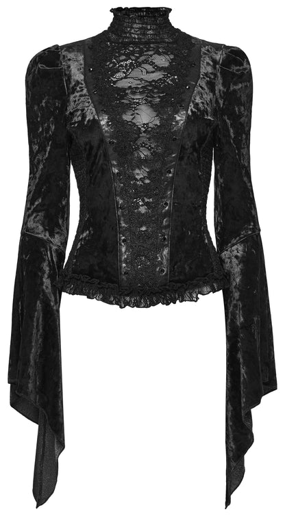 Schwarzes Langarmshirt Midnight Reverie Top Black mit Samtstoff von Punk Rave