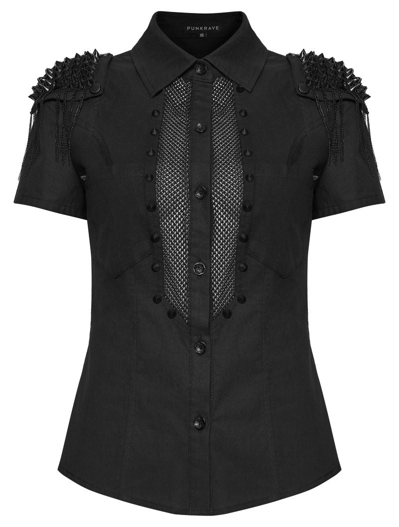 Schwarzes, figurbetontes Kurzarmhem Mistress Mayhem Shirt mit Nieten besetzt von Punk Rave