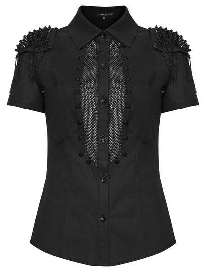 Schwarzes, figurbetontes Kurzarmhem Mistress Mayhem Shirt mit Nieten besetzt von Punk Rave