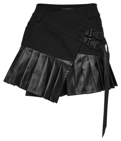 Schwarzer Minirock Ex Machina Pleated Skirt im asymmetrischen Design mit Kunstlederdetails von Punk Rave
