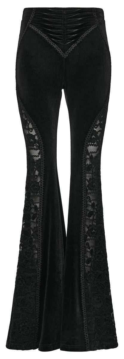 Schwarzer Samt-Schlaghose NOCTIS REGINA TROUSERS mit Spitzeneinsätzen von Punk Rave