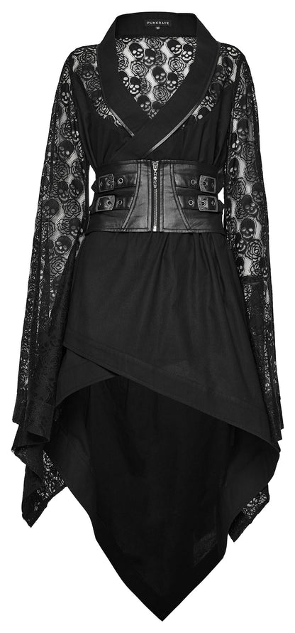 Schwarzes Kimono-Tunika-Set SKULLS AND ROSES KIMONO mit Kunstledergürtel von Punk Rave