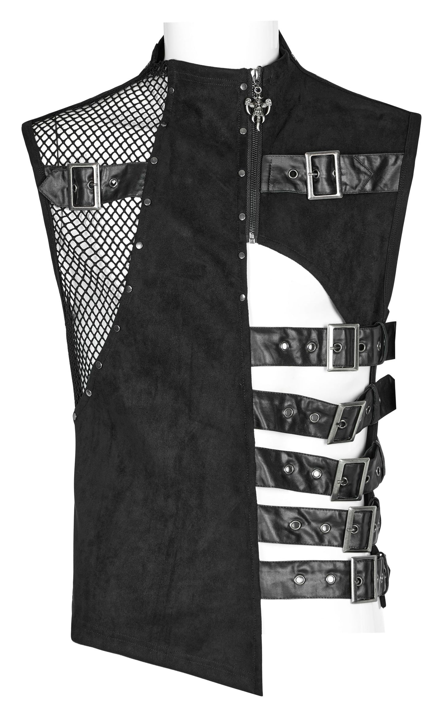 Schwarze Weste ABSTRACT CONSTRUCT VEST mit Netzeinsätzen, Riemen und Zierausschnitten von Punk Rave