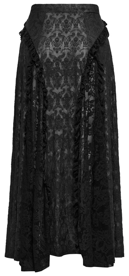 Schwarzer, langer Rock MORTICIA DUSK SKIRT aus Spitzenstoff mit Raffungen von Punk Rave