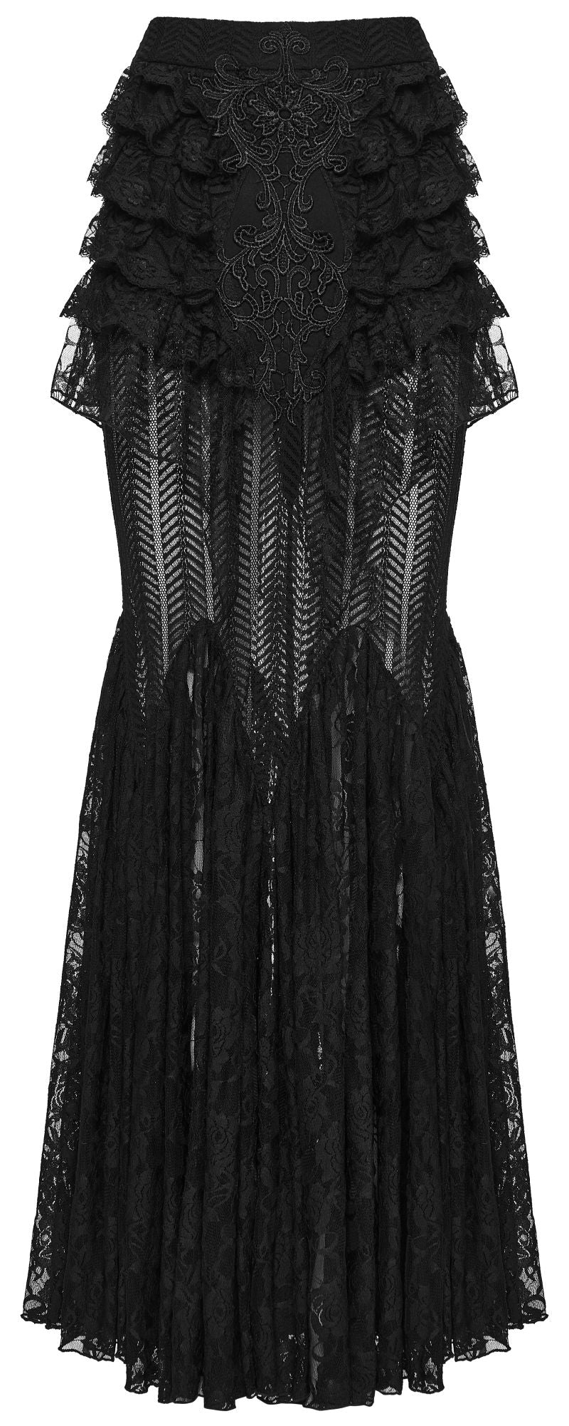 Langer Spitzenrock Dark Ophelia Skirt im Romantic-Gothic-Stil mit Rüschen und Spitzenapplikation von Punk Rave