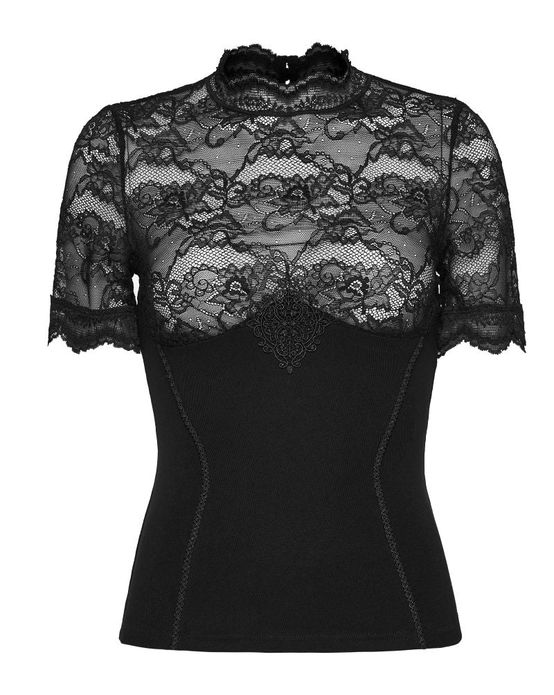 Gothic-Romantik-Oberteil Lure of Ligeia Lace Top mit kurzen Ärmeln, transparentem Spitzen-Oberteil und Jersey-Unterteil von Punk Rave