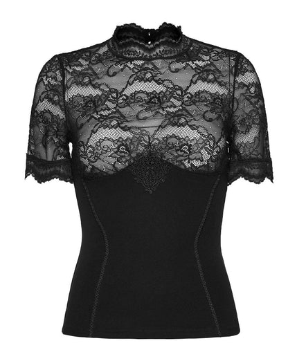 Gothic-Romantik-Oberteil Lure of Ligeia Lace Top mit kurzen Ärmeln, transparentem Spitzen-Oberteil und Jersey-Unterteil von Punk Rave