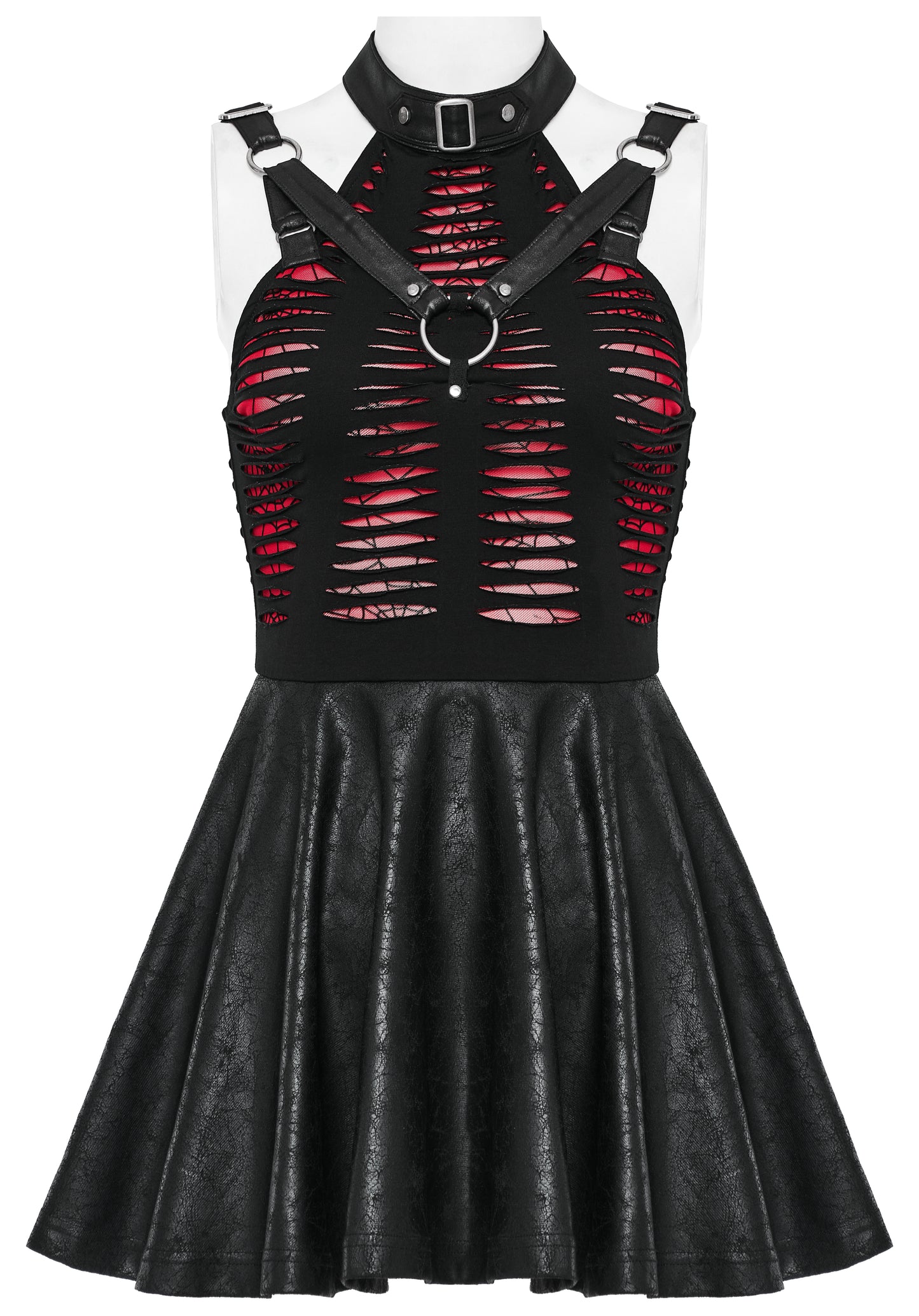 Schwarz-rotes Skater-Minikleid RED WIDOW DRESS im Used-Look mit Kunstlederdetails und Riemen von Punk Rave