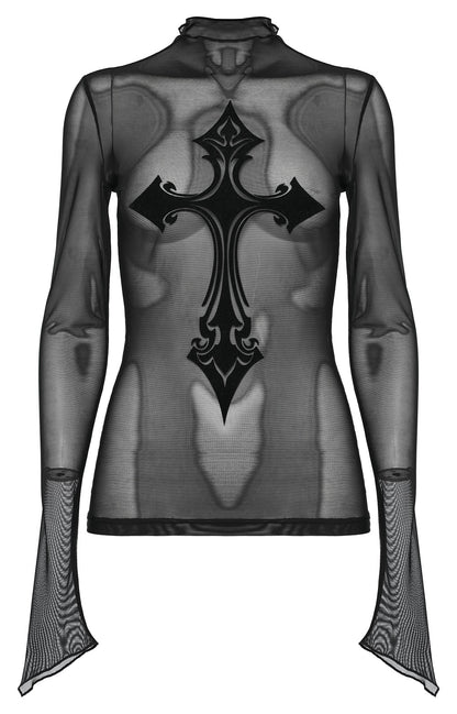 Schwarzes, transparentes Shirt GOTHIC CROSS MESH TOP mit Kreuzprint von Punk Rave