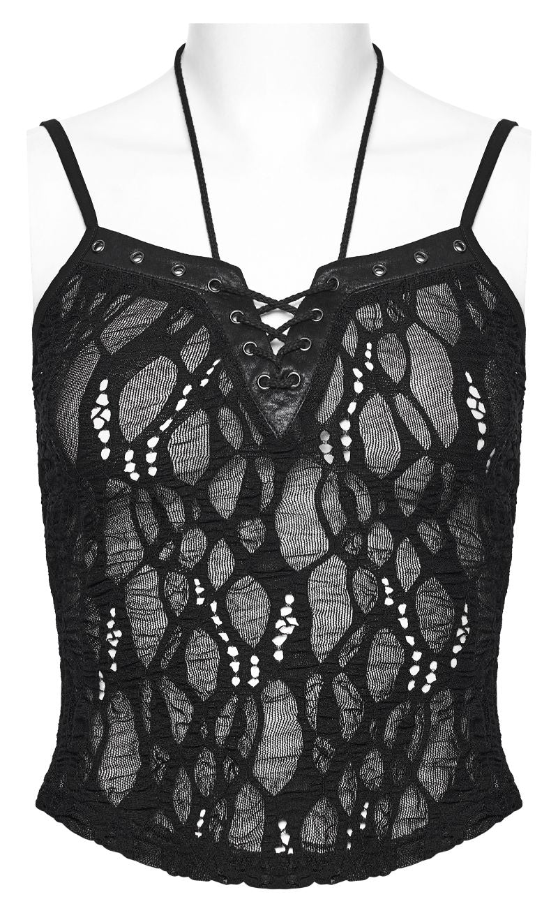 Schwarzes, halbtransparentes Damen-Camisole Void Viper Camisole Top im Gothic-Stil mit organischem Strickmuster von Punk Rave