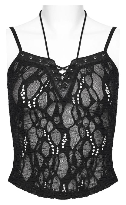 Schwarzes, halbtransparentes Damen-Camisole Void Viper Camisole Top im Gothic-Stil mit organischem Strickmuster von Punk Rave