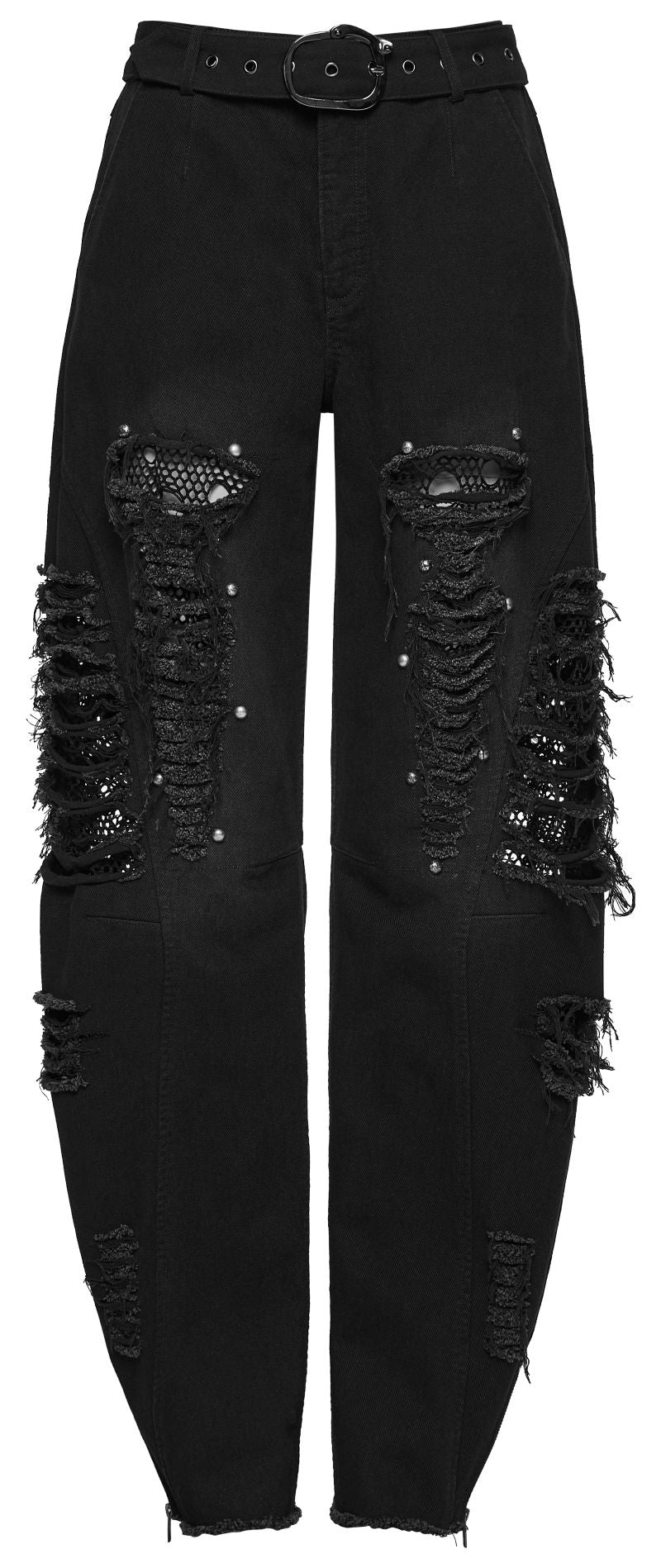 Schwarze Jeans Dark Tribe Trousers im Used-Look mit Netzeinsätzen und Nieten von Punk Rave