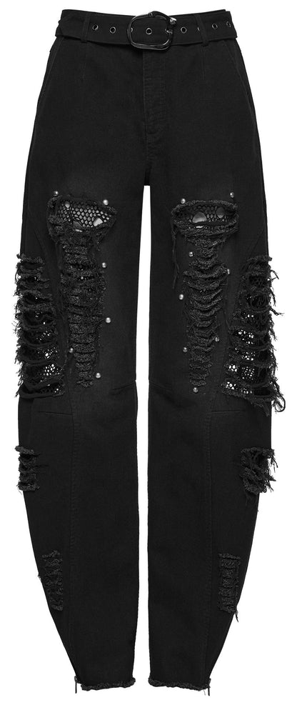 Schwarze Jeans Dark Tribe Trousers im Used-Look mit Netzeinsätzen und Nieten von Punk Rave