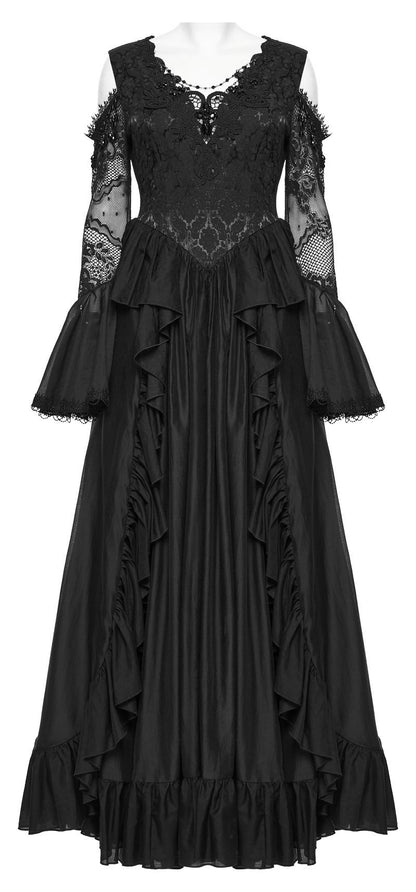 Schwarzes, langes Kleid Mourning Orchid Dress im viktorianischen Gothic-Stil mit Spitzenoberteil, langen ausgestellten Ärmeln und Rüschenverzierungen am Rock von Punk Rave
