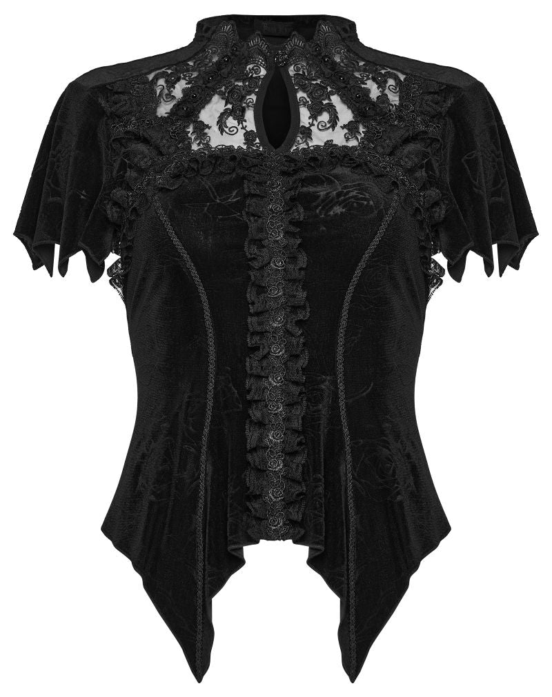 Schwarzes Samt-Oberteil Roses Rhapsody Top im romantischen Gothic-Stil mit kurzen Flatterärmeln, Spitzen-Ausschnitt und Rüschendetails von Punk Rave