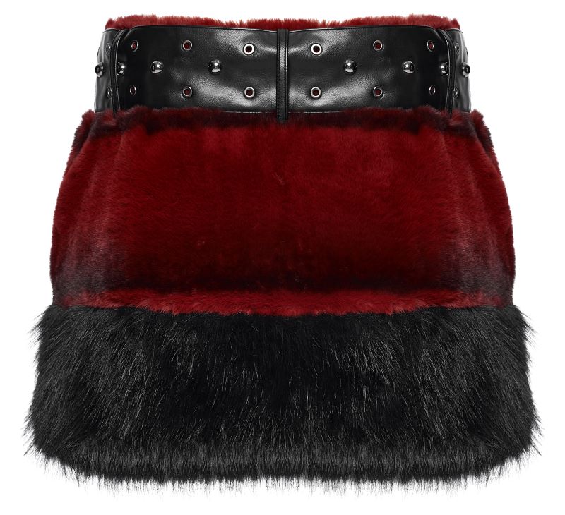 Schwarze/Roter Minirock Hex Fur Blood Red Skirt mit Kunstfell von Punk Rave