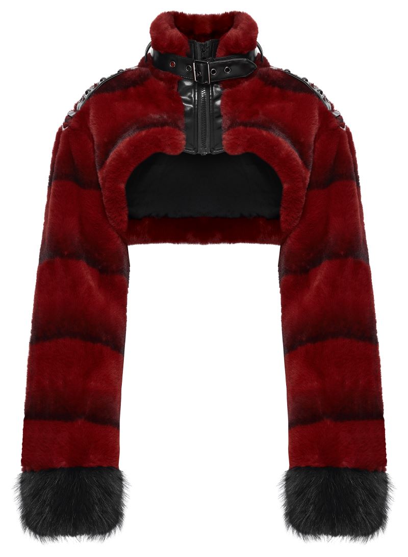Schwarz/Rote Bolerojacke Hex Fur Blood Red Crop Jacket mit Kunstleder von Punk Rave
