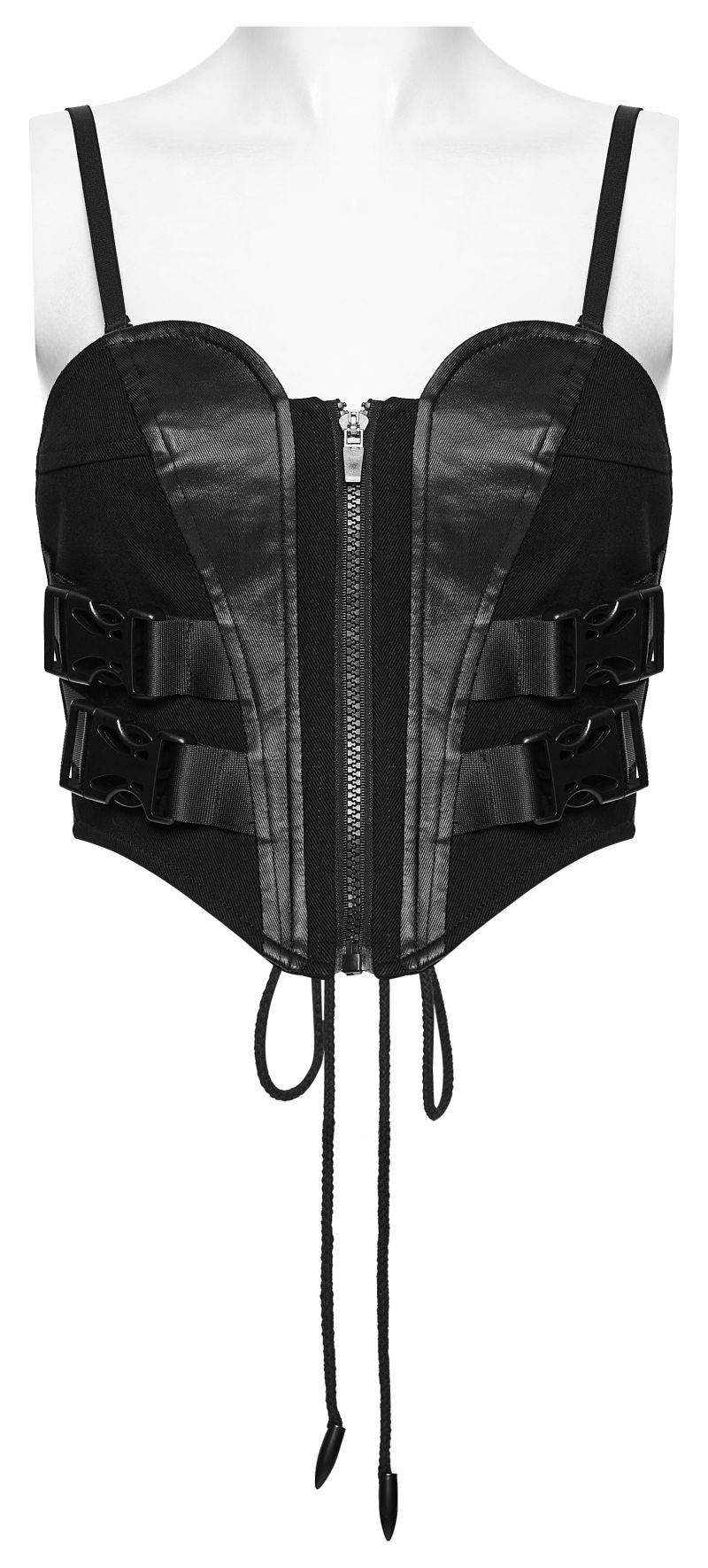 Schwarzes Oberteil Ex Machina Top mit Schnallen und Kunstlederdetails von Punk Rave