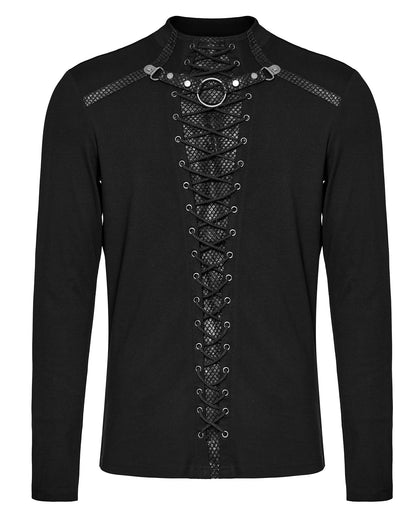 Schwarzes Langarmshirt ANAKREON LONGSLEEVE TOP mit Schnürdetails und Kunstlederakzenten von Punk Rave