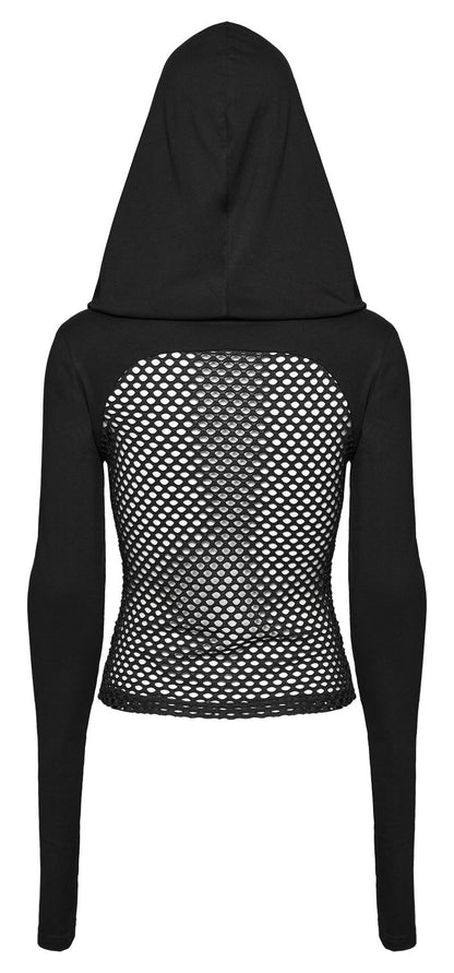 Schwarzes Shirt Tenebra Long-sleeved Top mit Mesh Body, Maske und Kapuze von Punk Rave