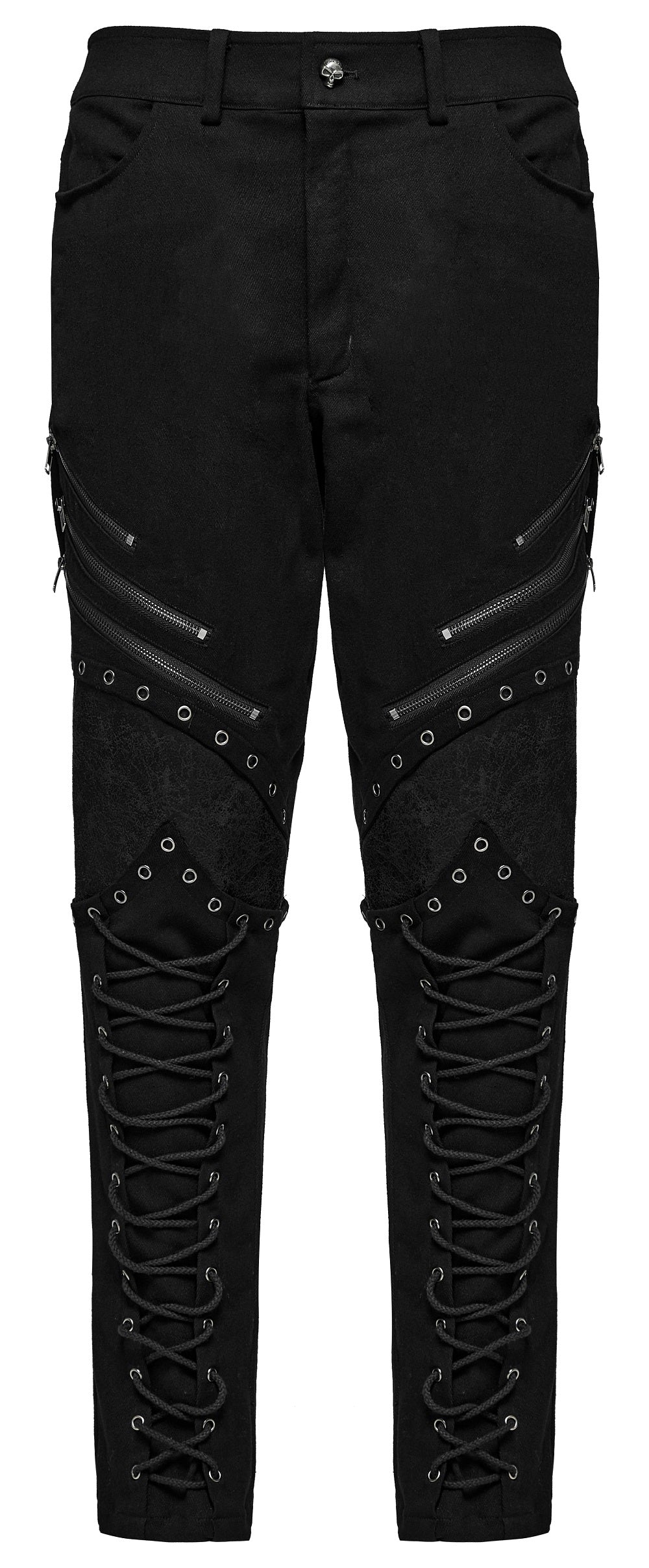 Schwarze Hose ANAKREON TROUSERS mit Schnürdetails und Kunstledereinsätzen von Punk Rave