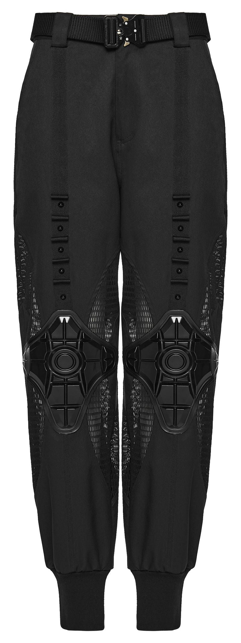Schwarze Damen-Jogginghose Ex Machina Cyberpunk Trousers im Cyber-Stil mit geformten Gummielementen an den Knien und Mesh-Einsätzen von Punk Rave