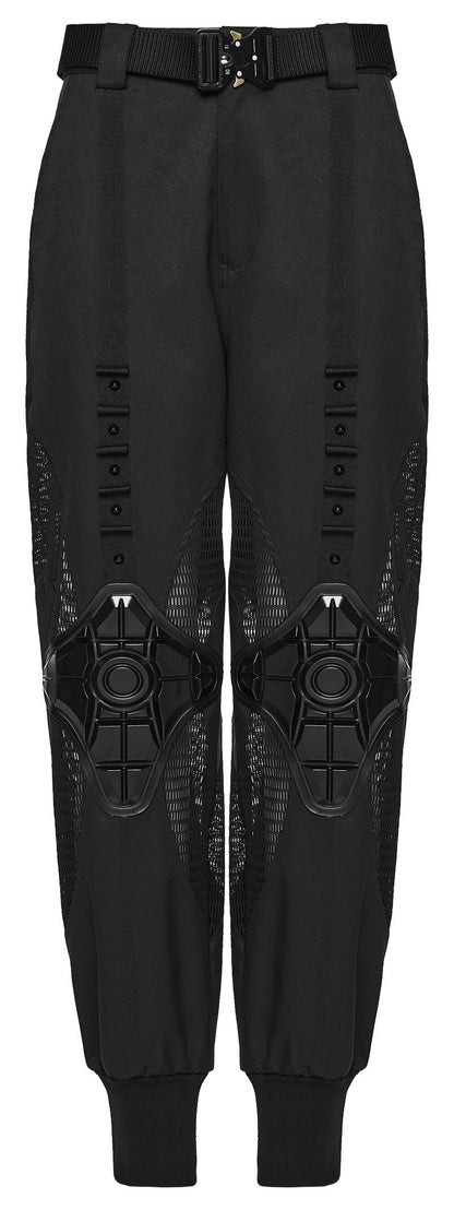 Schwarze Damen-Jogginghose Ex Machina Cyberpunk Trousers im Cyber-Stil mit geformten Gummielementen an den Knien und Mesh-Einsätzen von Punk Rave