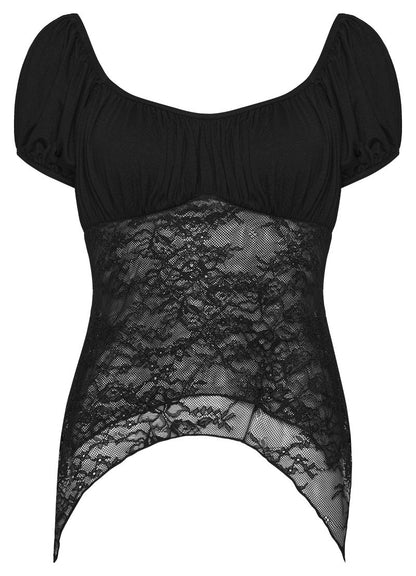 Schwarzes Kurzarm-Oberteil Lorelei Lace Top im Gothic-Romantik-Stil mit Jersey-Oberteil und einem mehrlagigen Unterteil aus transparenter Spitze von Punk Rave