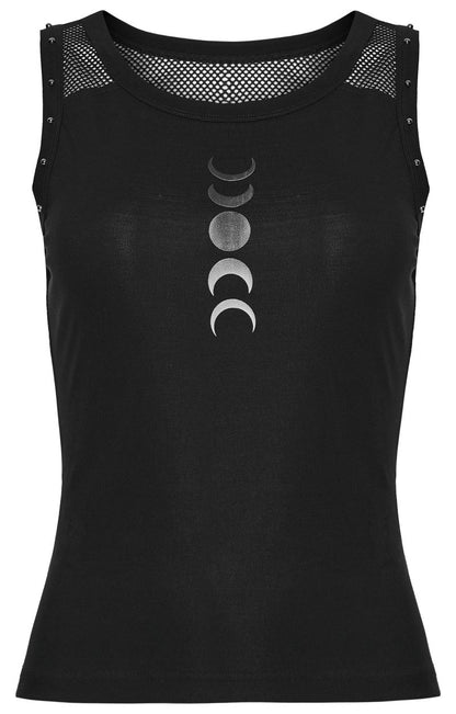 Schwarzes Gothic-Tanktop Moon Girl Top mit Mesh-Rückenteil und Mondphasen-Print von Punk Rave