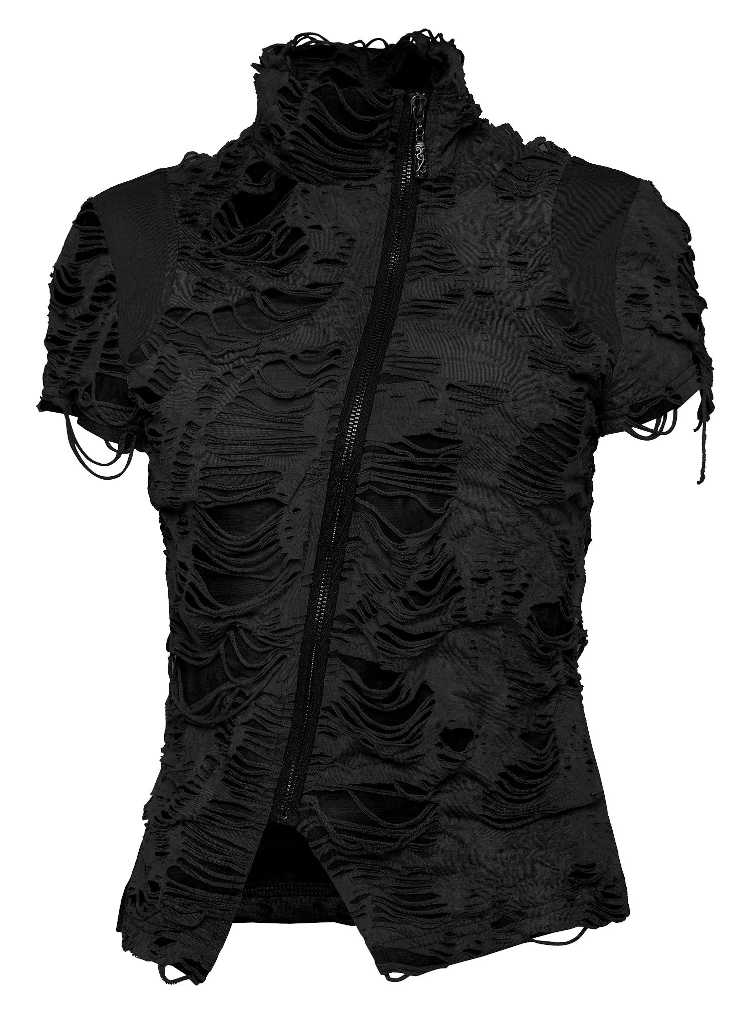 Schwarzes, tailliertes Kurzarm-Oberteil SHAMANISM TOP im Distressed-Look mit asymmetrischem Reißverschlussdetail von Punk Rave