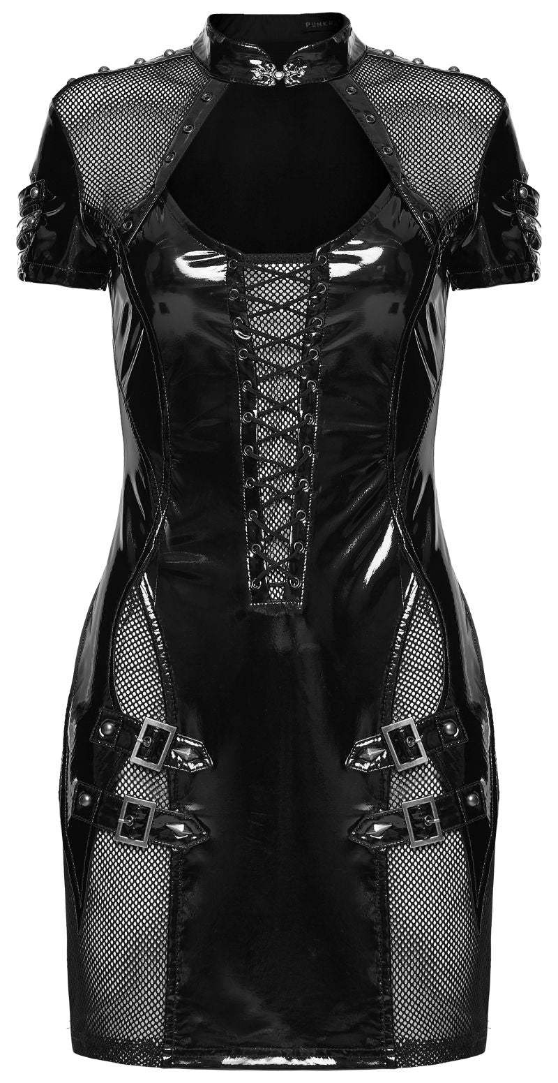 Schwarzes, figurbetontes Kleid Mistress Mayhem Dress aus glänzendem Kunstleder von Punk Rave