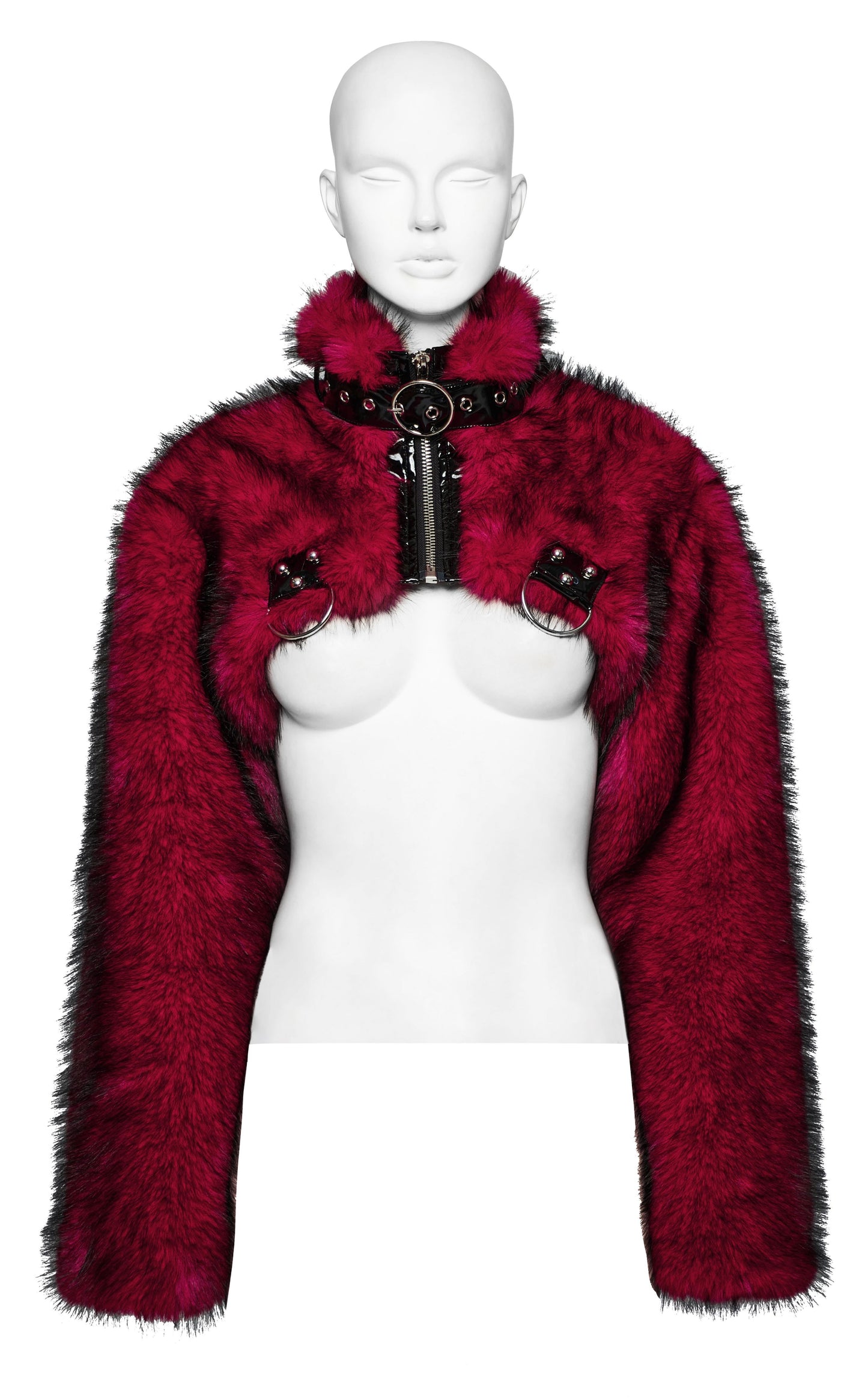 Kurze, rote Kunstfelljacke im Bolero-Stil DARK RAVER BOLERO JACKET RED von Punk Rave