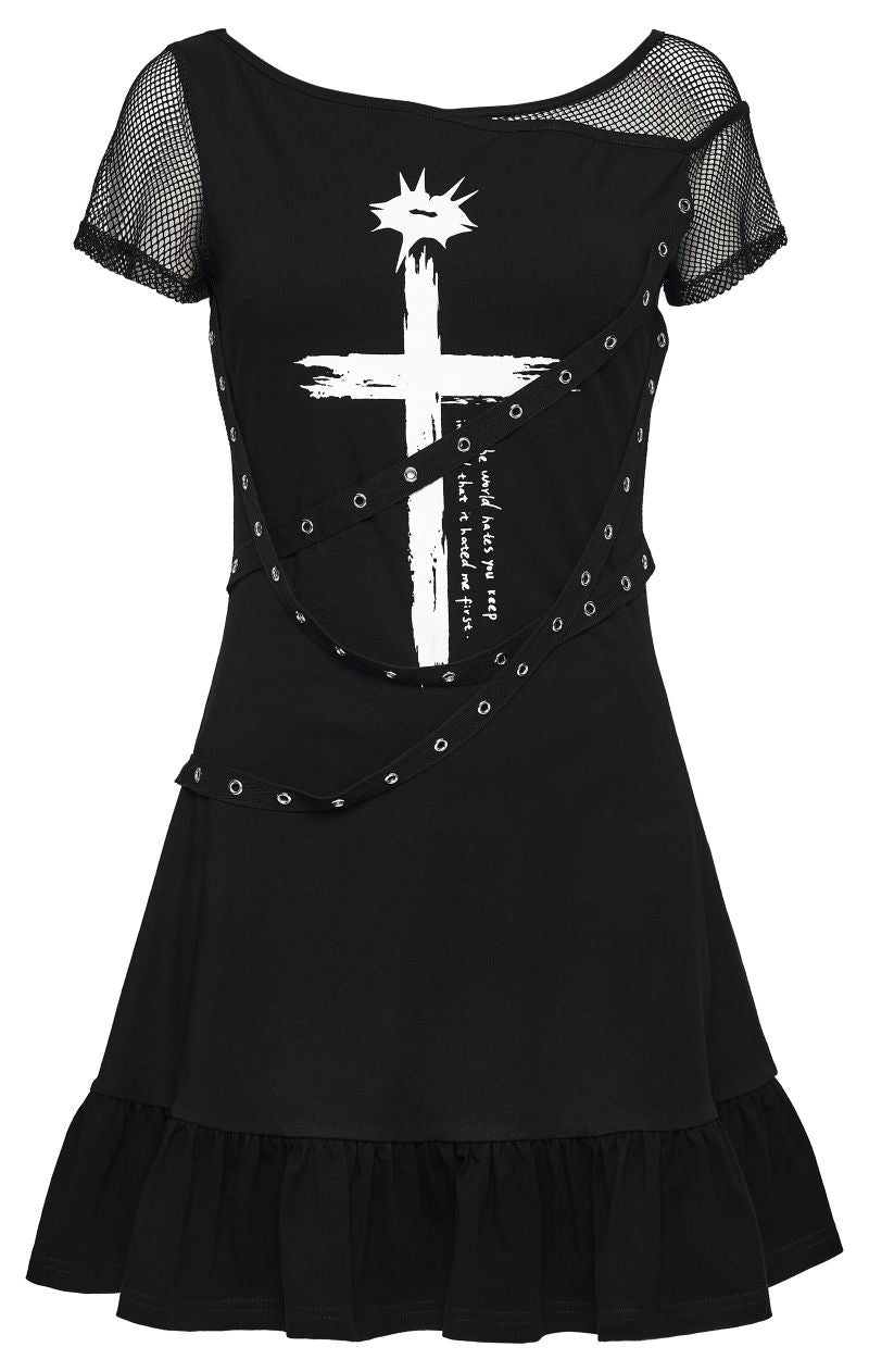 Schwarzes Punk-Minikleid Discord Dress mit kurzen Ärmeln, Mesh-Details, grafischem Kreuz-Print von Punk Rave