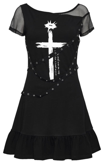 Schwarzes Punk-Minikleid Discord Dress mit kurzen Ärmeln, Mesh-Details, grafischem Kreuz-Print von Punk Rave